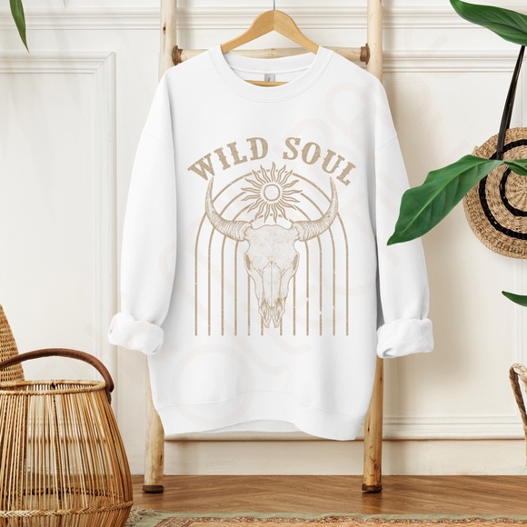 Boho Wild Soul Cow Skull Graphic Crewneck Sweatshirt - Picture 2 of 10